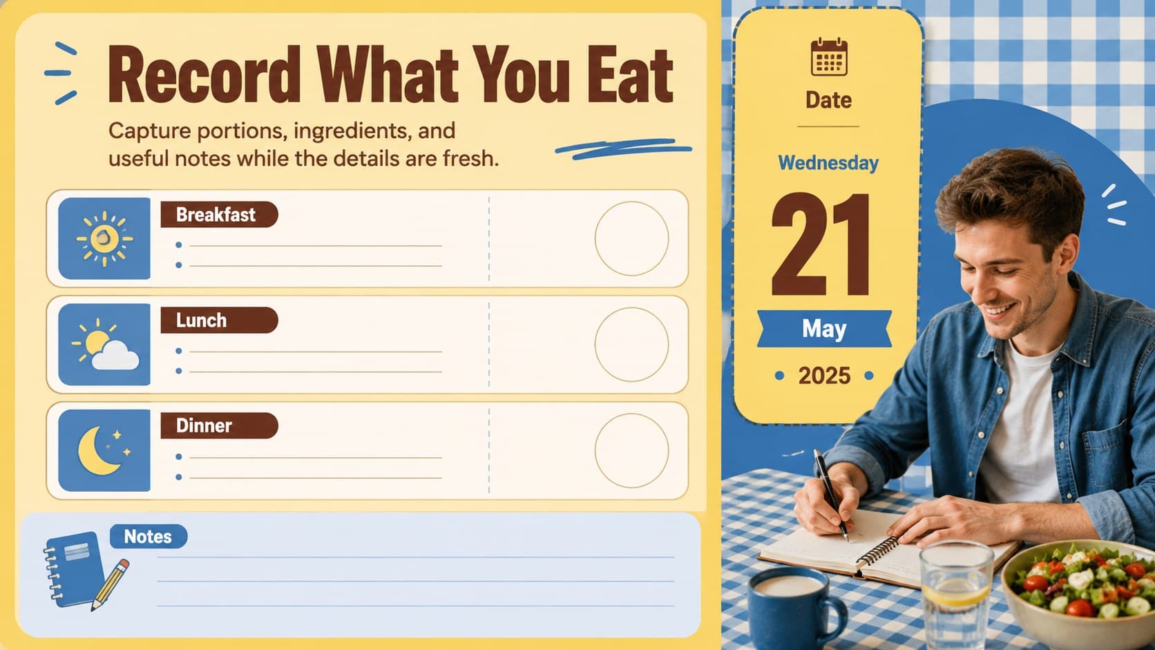 Daily food journal slide displaying meal entries, portions, and nutrition notes in an editable tracker.