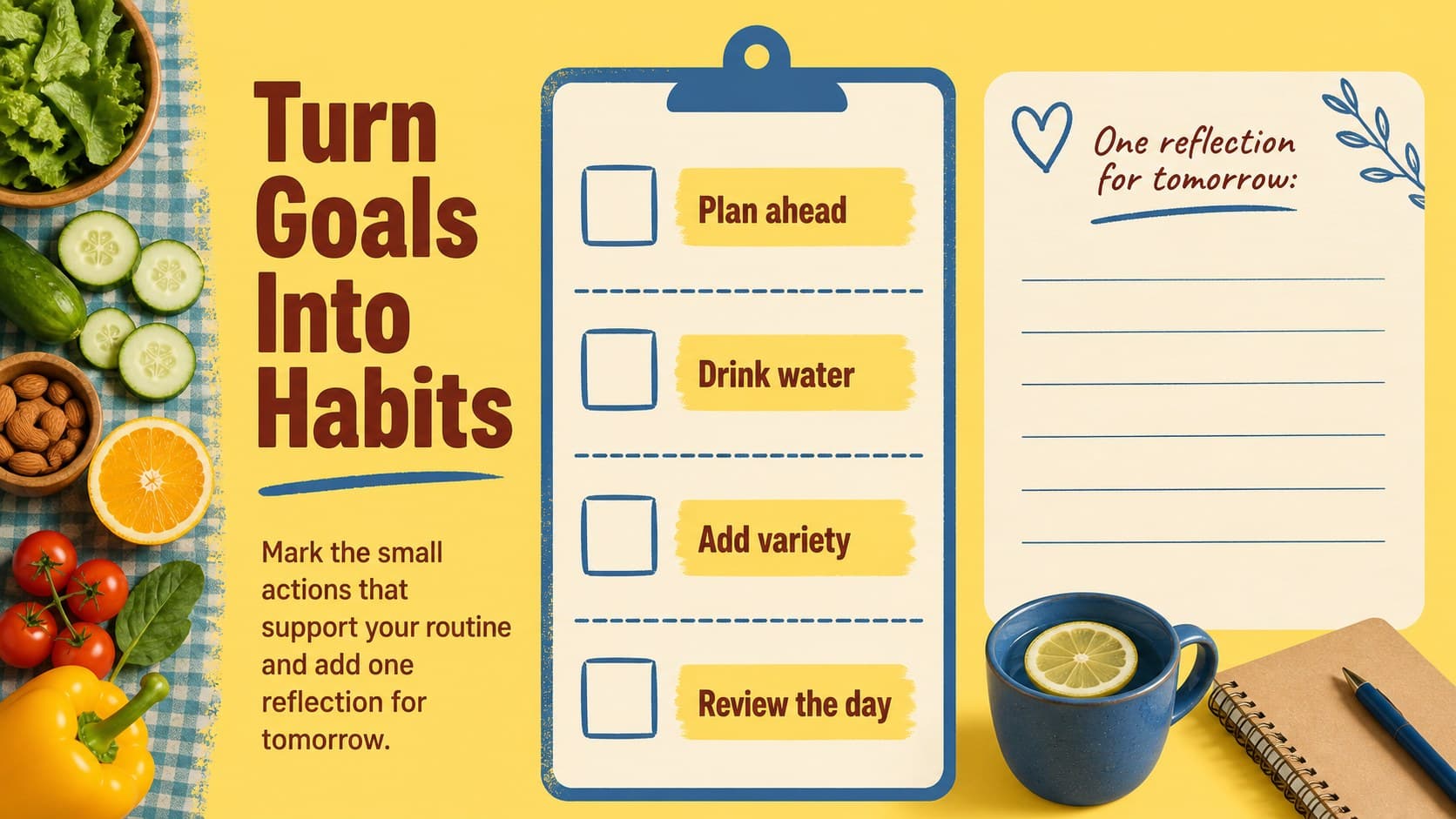 Healthy eating checklist slide with editable habit markers and practical nutrition reminders.