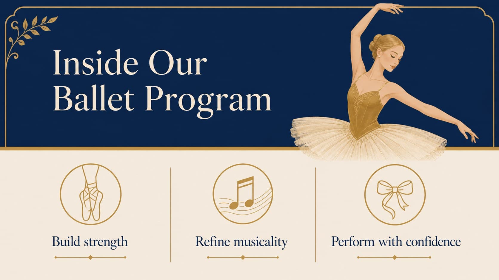 Dance school class presentation slide introducing a ballet program and its learning goals.