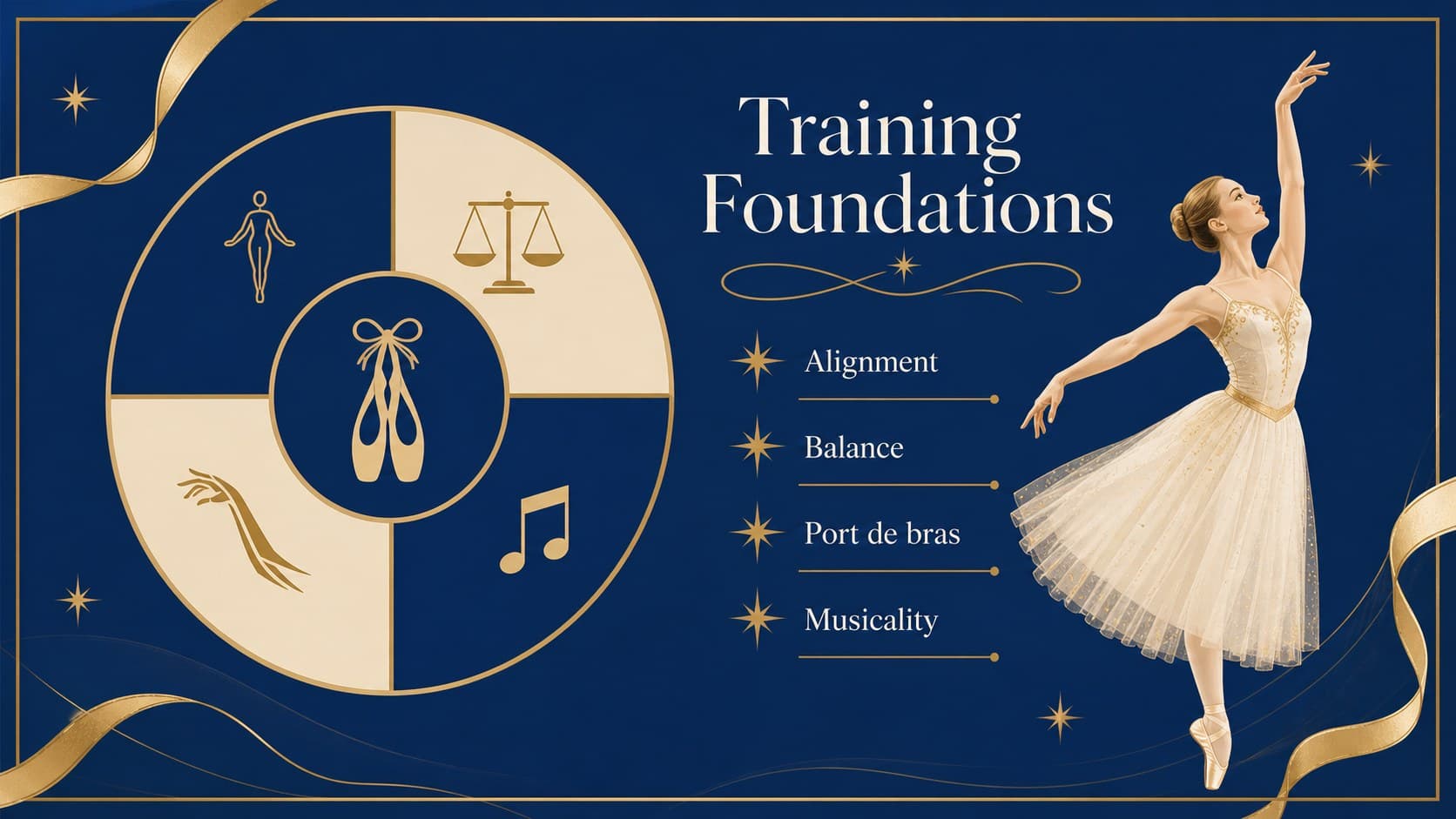 Ballet training presentation template slide with technique goals and progress indicators.