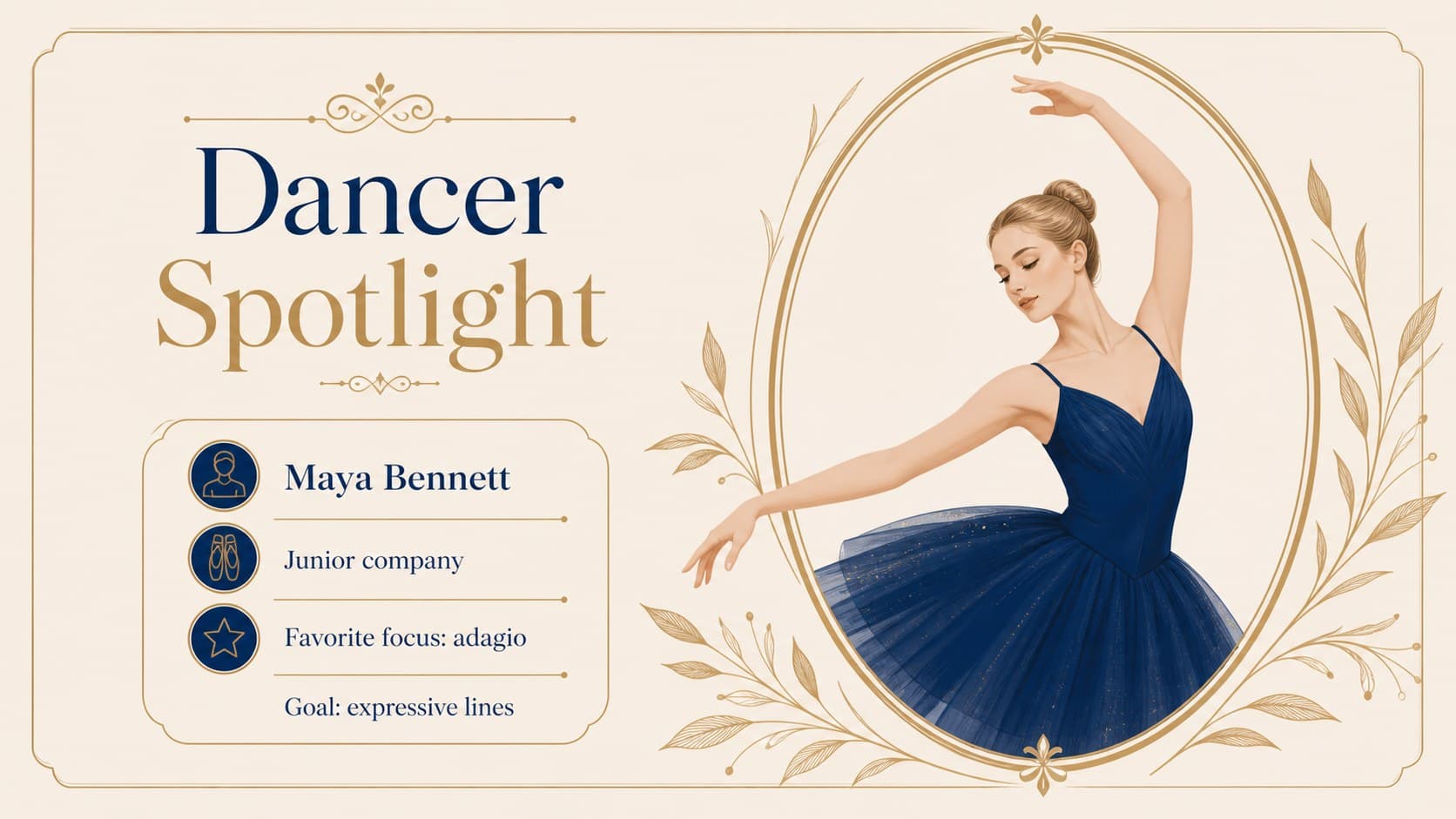 Editable dance studio slideshow slide featuring a featured dancer profile and training details.