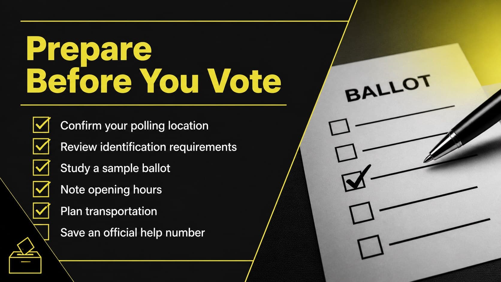 Ballot preparation checklist slide for an election day orientation deck.