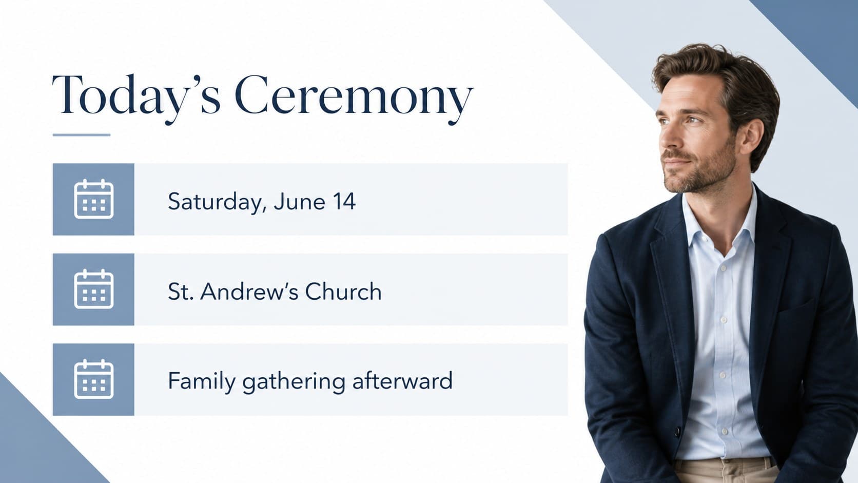 Ceremony details slide showing the date, church, and family gathering information in a clean blue and white layout.