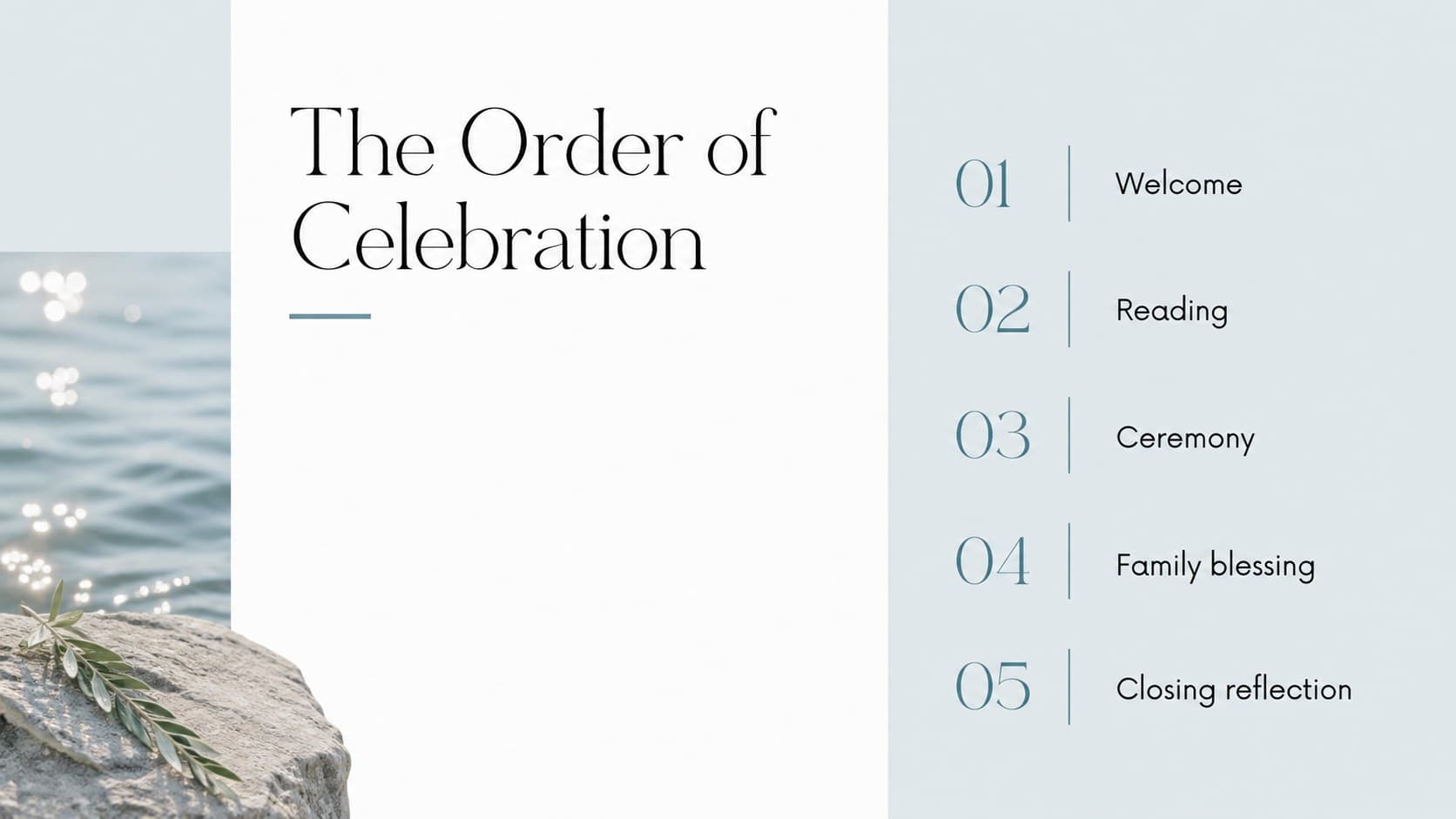 Ceremony program slide outlining welcome, readings, vows, and blessings for a church gathering.