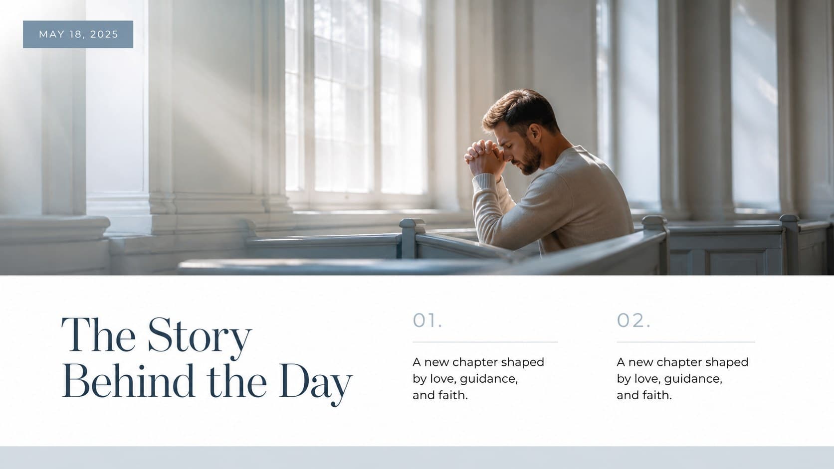 Family story slide featuring a large portrait area and a personal message for a baptism confirmation keepsake.