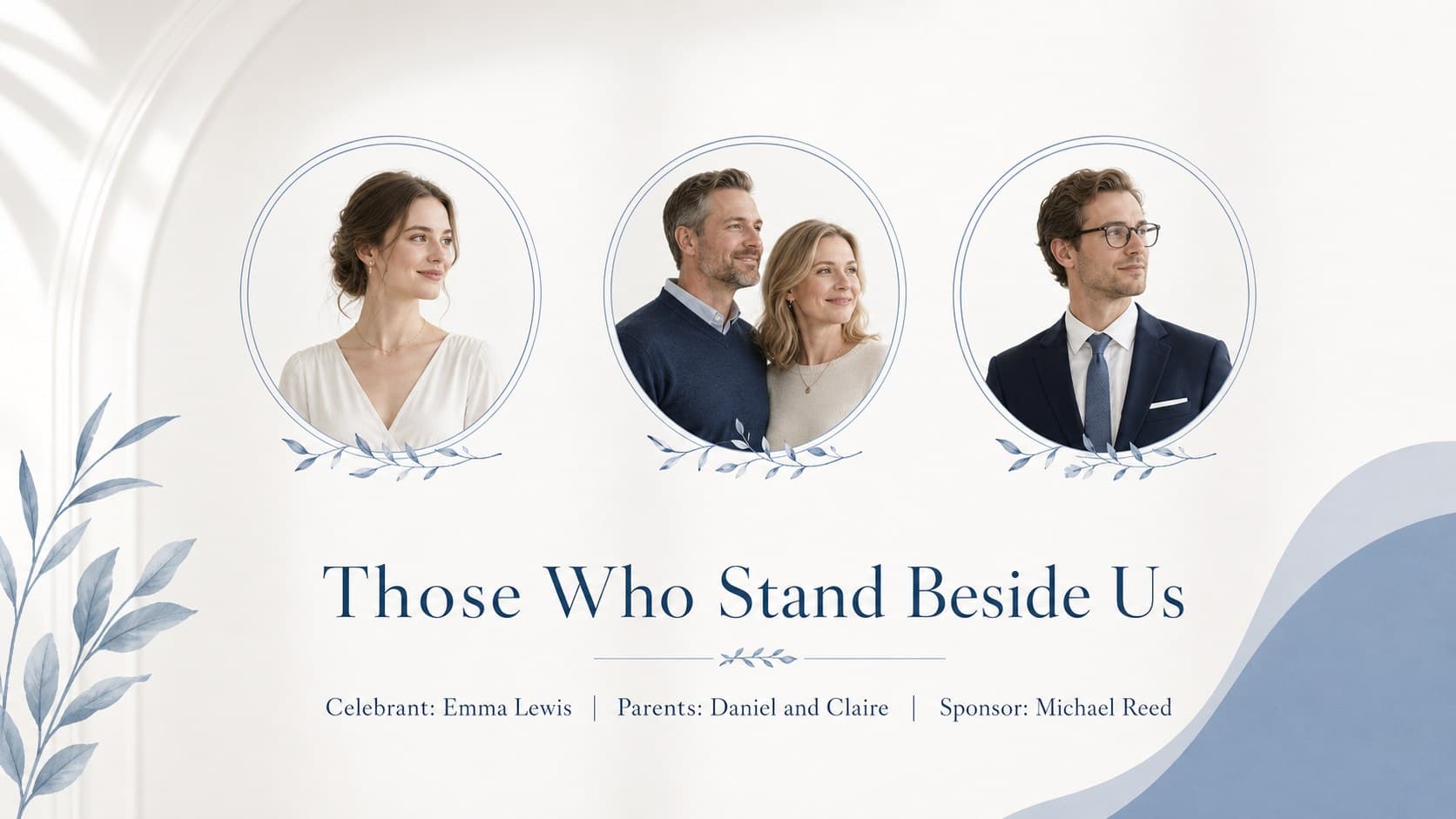 Participant introduction slide naming the celebrant and family members in a refined white and blue presentation design.