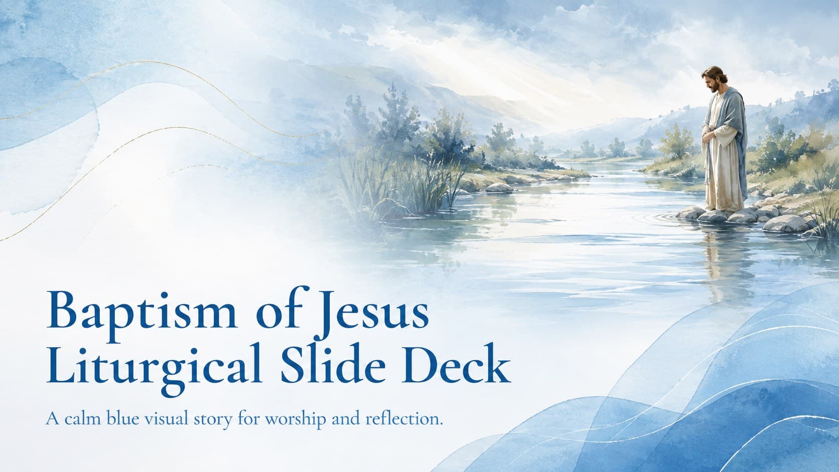 Cover of a Baptism of Jesus liturgical slide deck with elegant blue watercolor details and a reverent title.