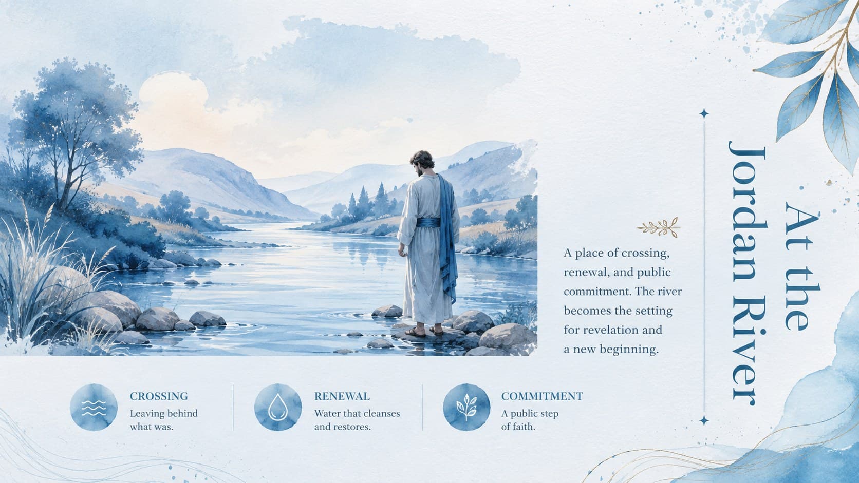 Elegant blue slide explaining the setting of the Jordan River Bible lesson presentation.