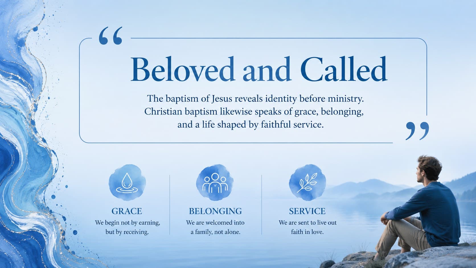 Elegant blue Bible lesson slide connecting Jesus' baptism with Christian identity.