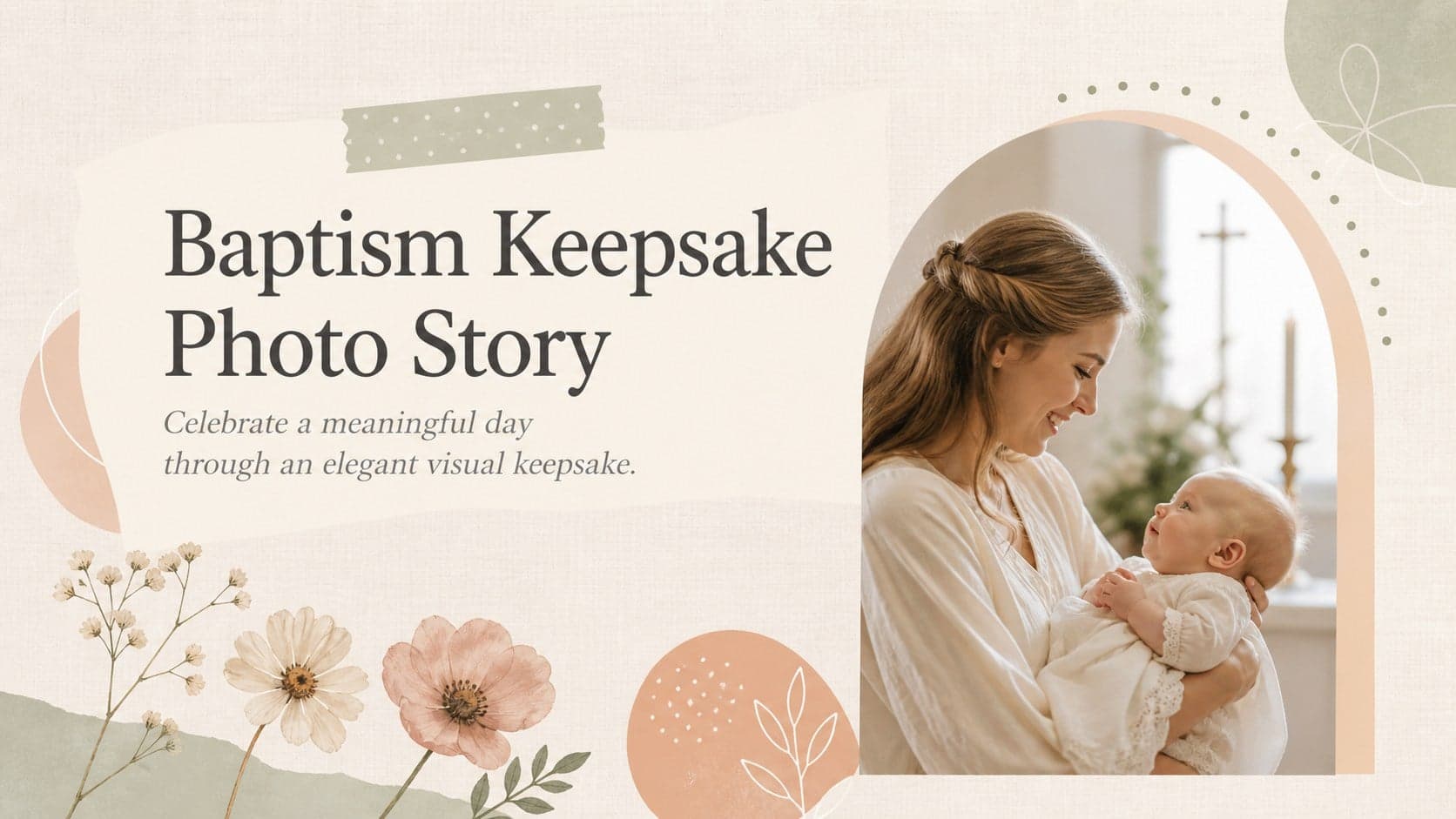 Cover of a baptism keepsake photo story with a framed baby portrait, beige paper textures, and delicate botanical details.