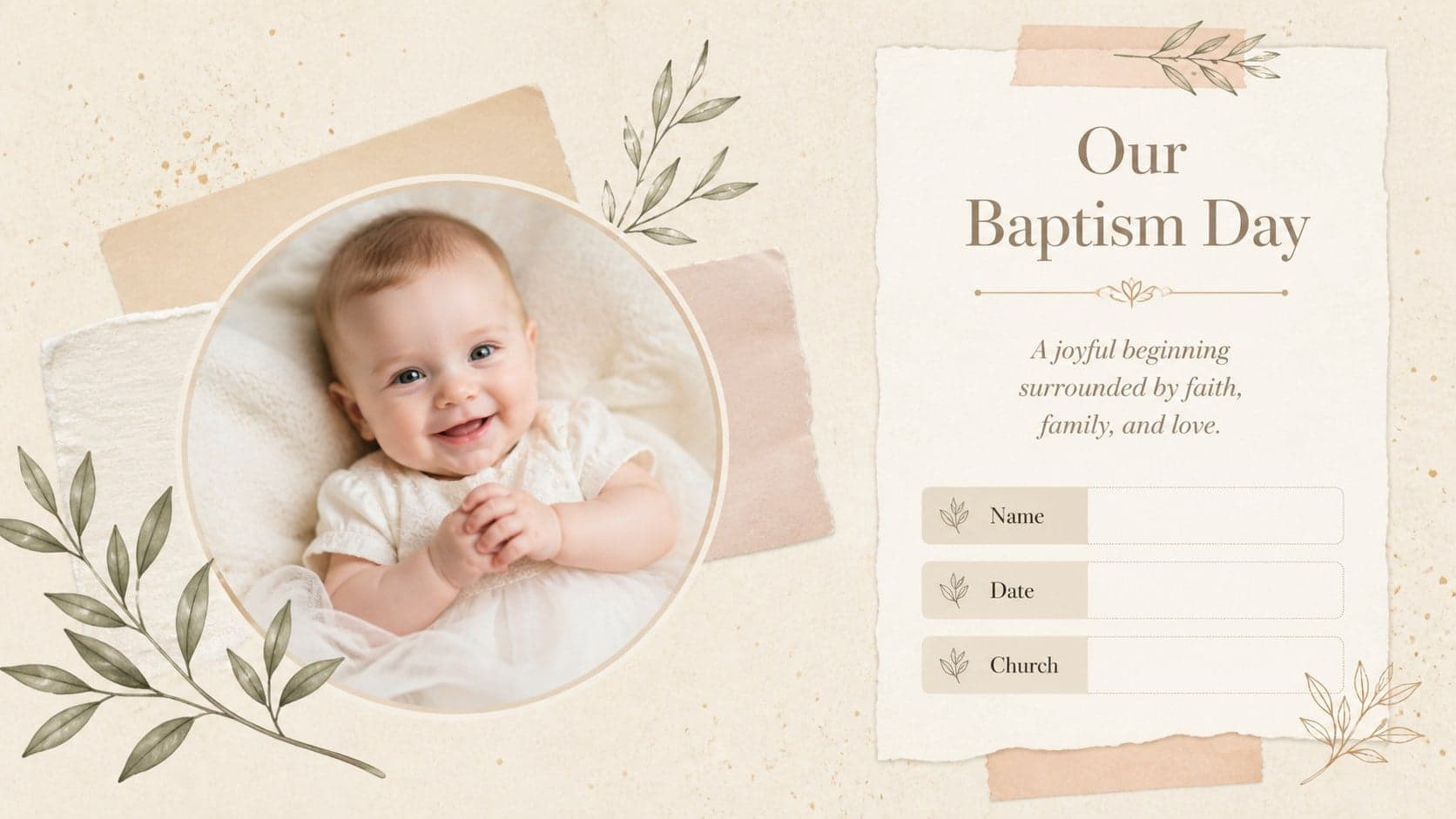 Baptism memory album introduction slide featuring a child portrait, ceremony date, and church location.