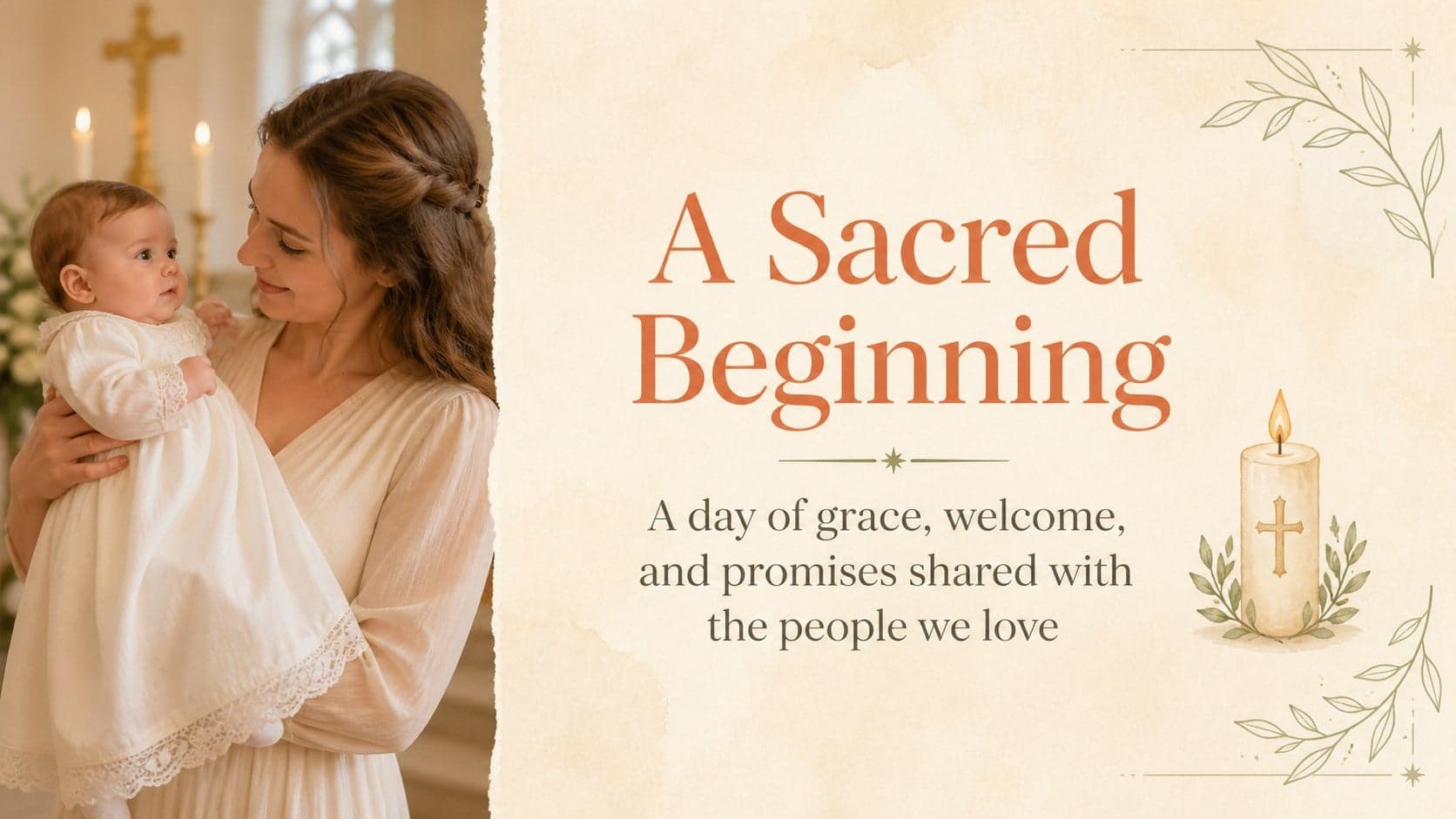 Christian baptism story slide with a large ceremony photograph and a short reflection about a sacred beginning.