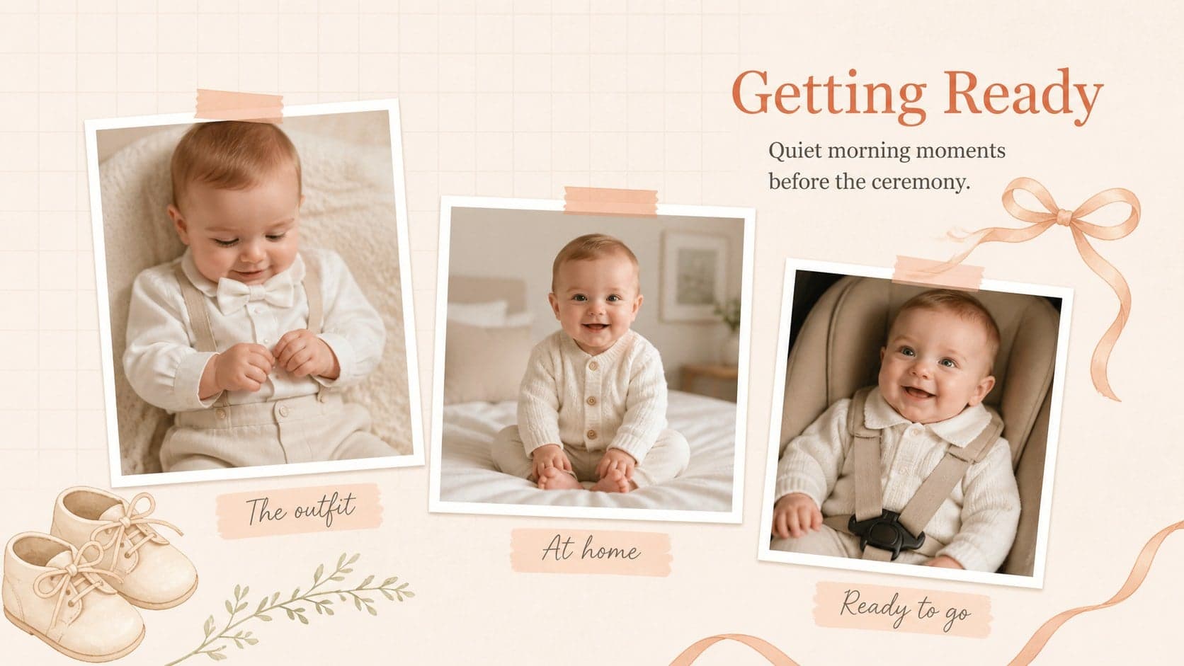 Baby baptism memory book slide showing preparation photos, clothing details, and a brief morning caption.