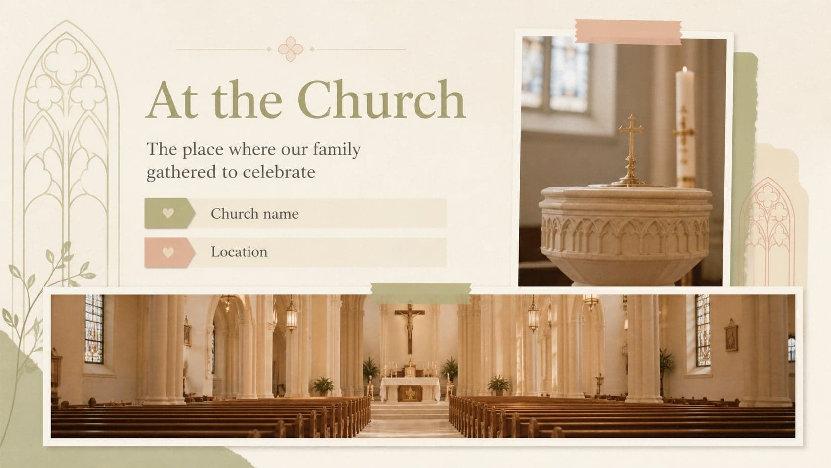 Beige baptism scrapbook slide presenting church exterior and interior photographs with location details.