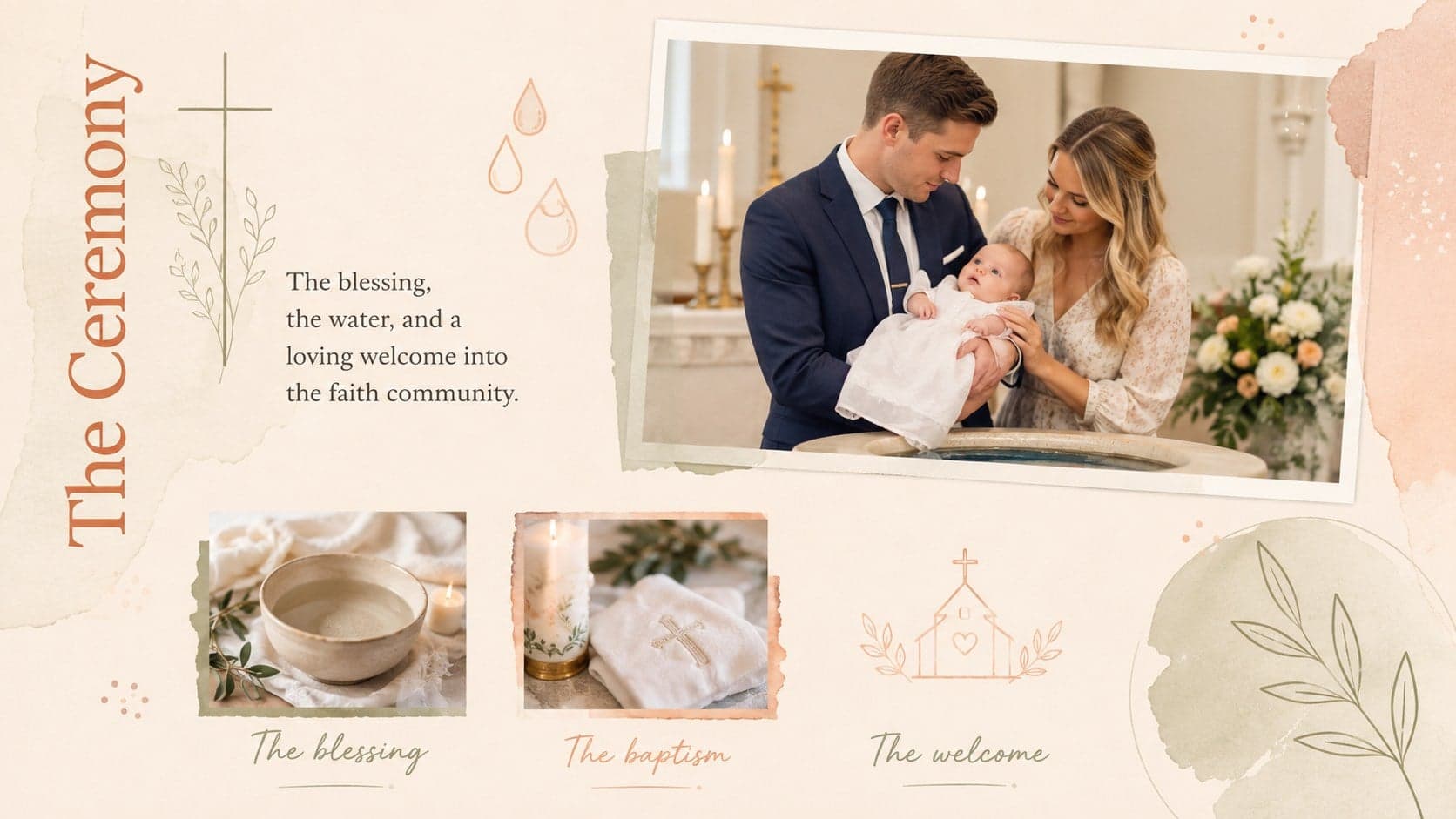 Christening photo slideshow layout with ceremony images and captions for the blessing, water, and welcome.