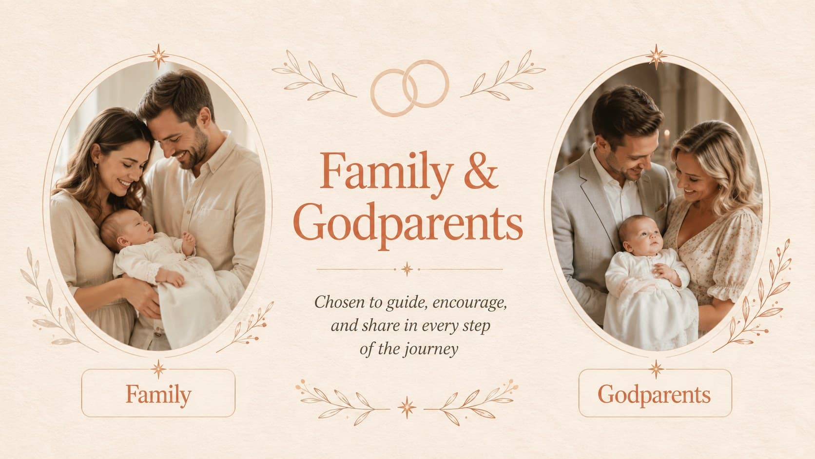 Godparent tribute presentation slide with family portraits and space for names and a personal message.
