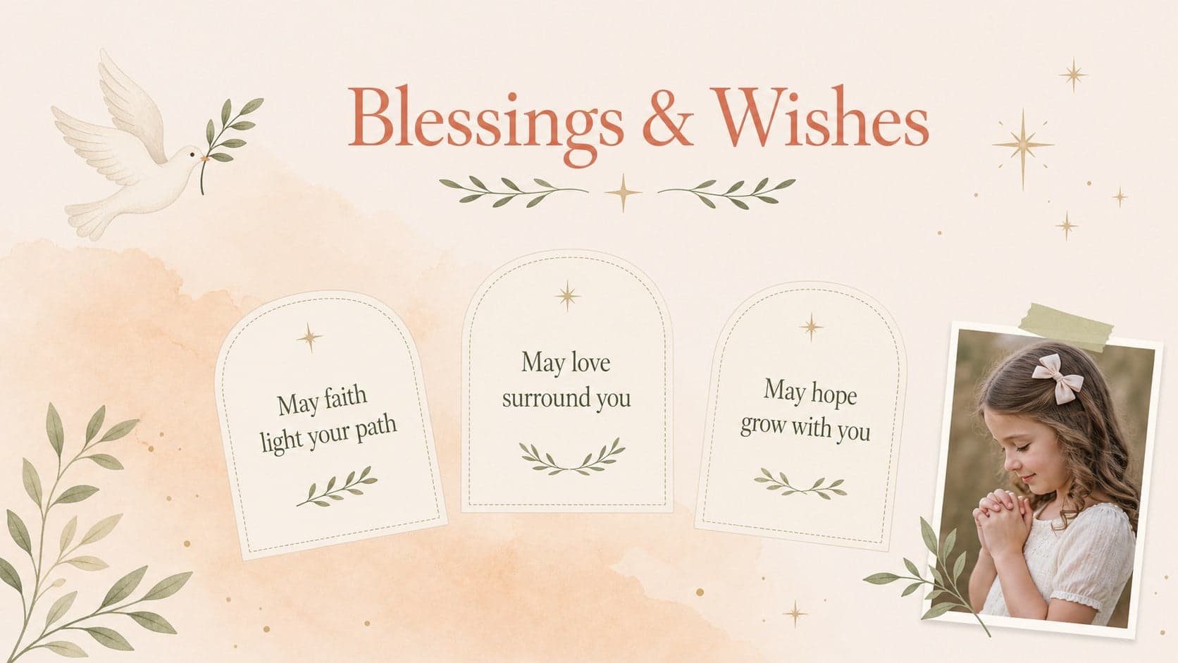 Pastel Christian keepsake slide featuring three blessing messages beside a small baptism portrait.