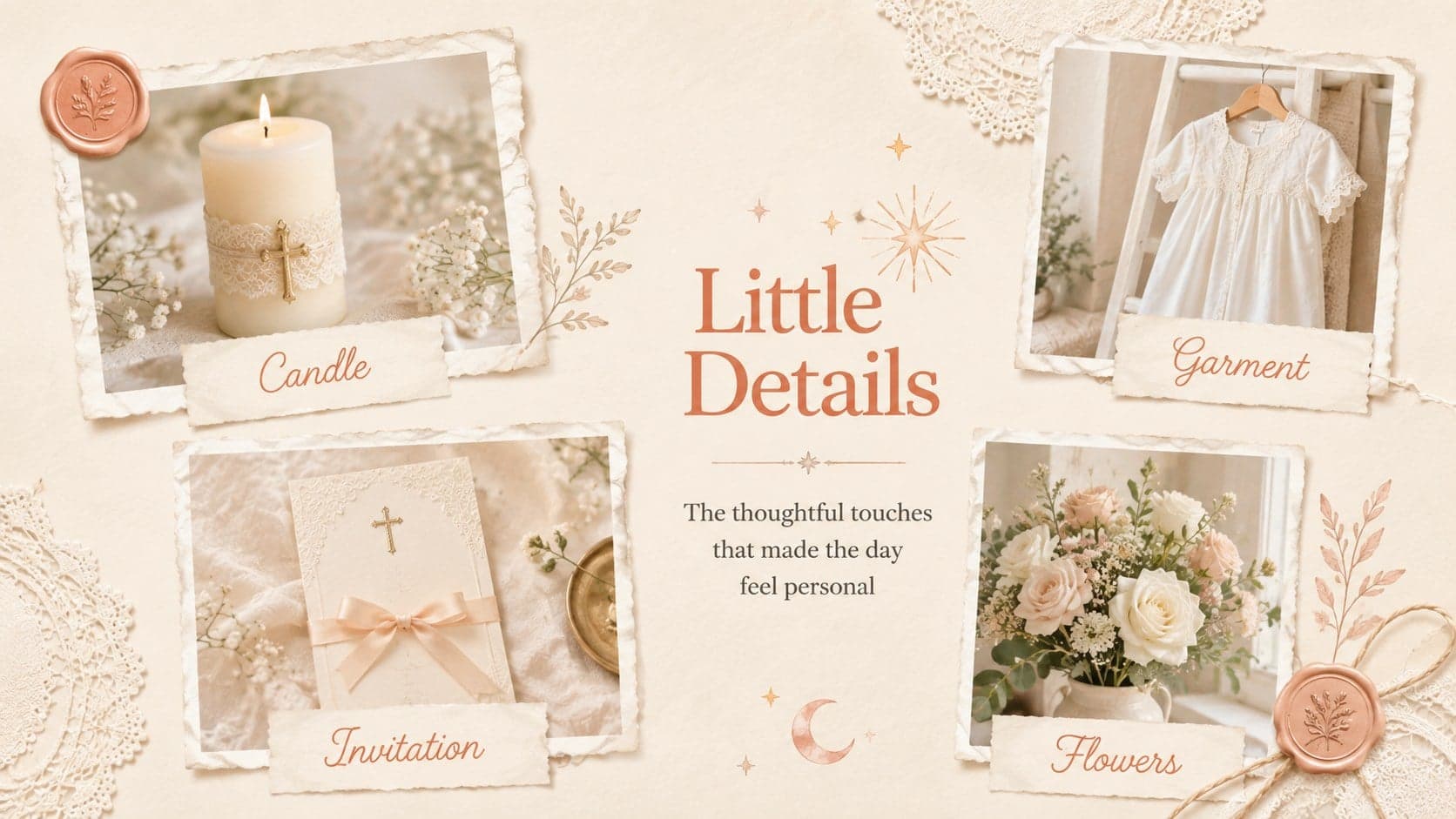 Baptism detail collage displaying a candle, garment, invitation, and floral decorations in a beige scrapbook layout.
