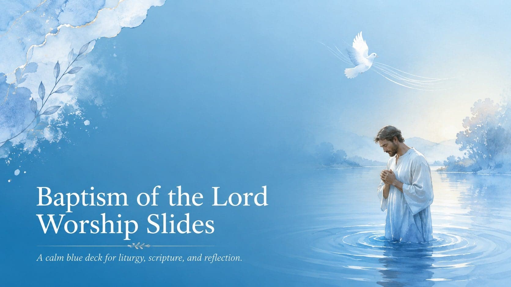 Cover for Baptism of the Lord worship slides with elegant blue watercolor details and a refined liturgical title.