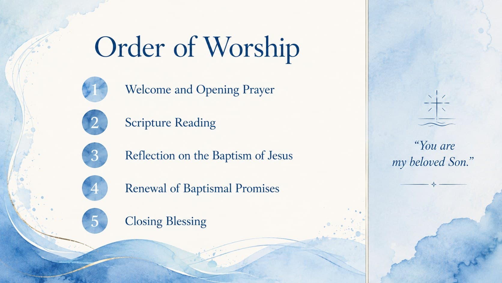 Blue church service presentation slide showing a clear order of worship with baptism-inspired watercolor accents.