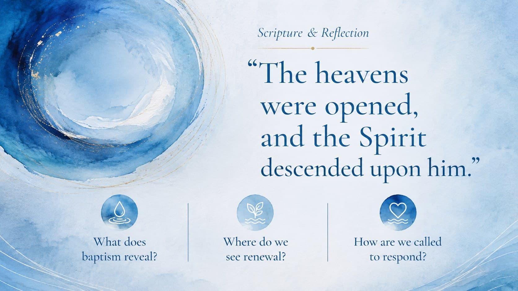 Minimalist scripture presentation template featuring a Gospel reading and three guided reflection questions.