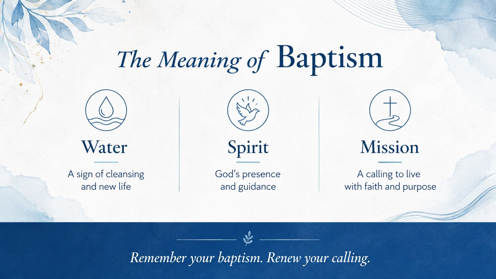 Baptism Sunday sermon presentation slide explaining water, the Spirit, and Christian mission in a blue three-part layout.