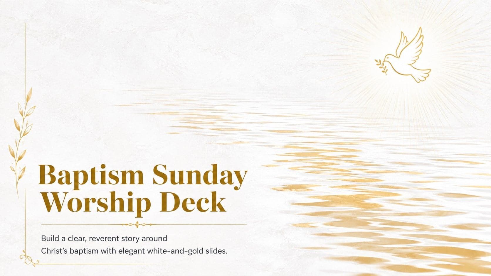 White-and-gold cover for a Baptism Sunday worship deck featuring symbolic water and a dove.