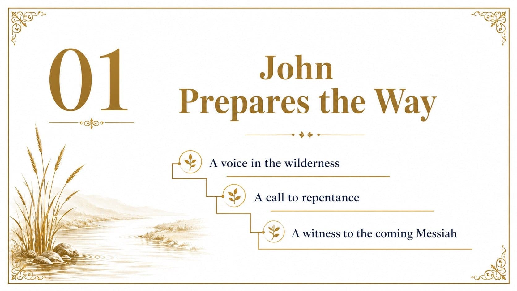 Bible lesson slide about John the Baptist with a refined white-and-gold layout.
