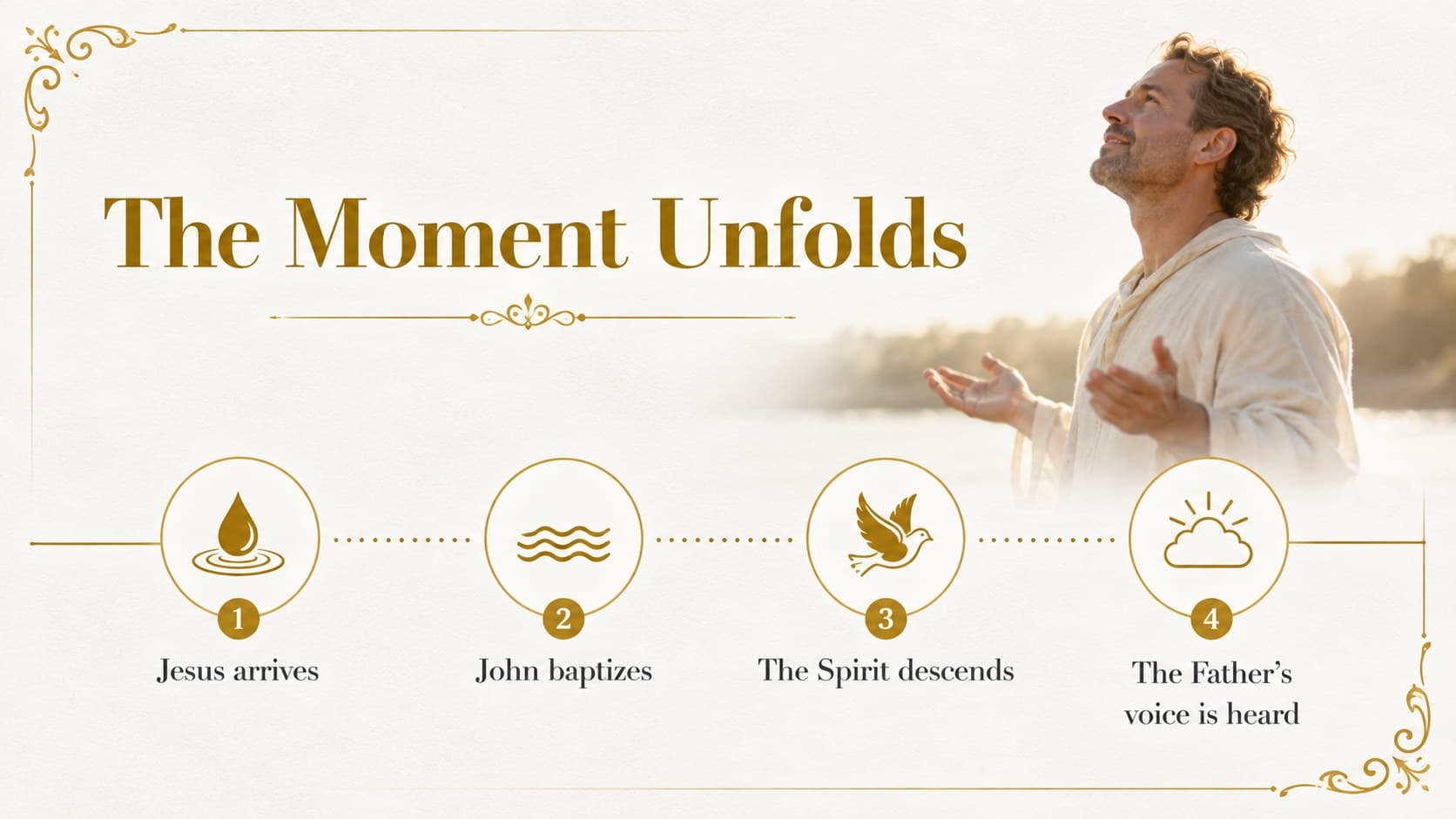 Baptism Sunday timeline slide showing the sequence of Christ's baptism.