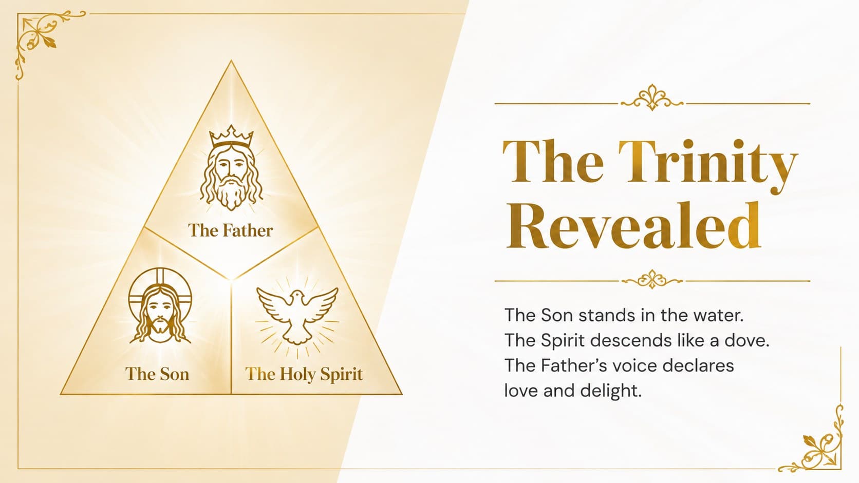 White-and-gold Christian slide explaining the presence of the Trinity at Christ's baptism.