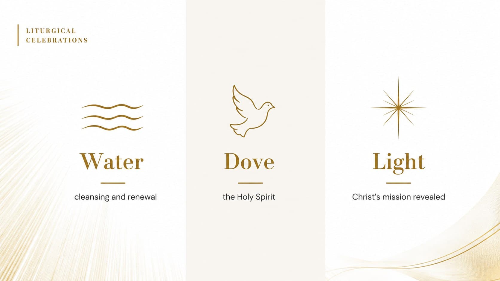 Christian baptism teaching deck slide exploring the symbols of water, light, and the dove.