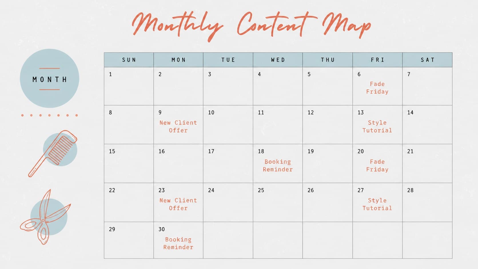 Monthly planning layout for organizing barbershop social content and promotional dates.
