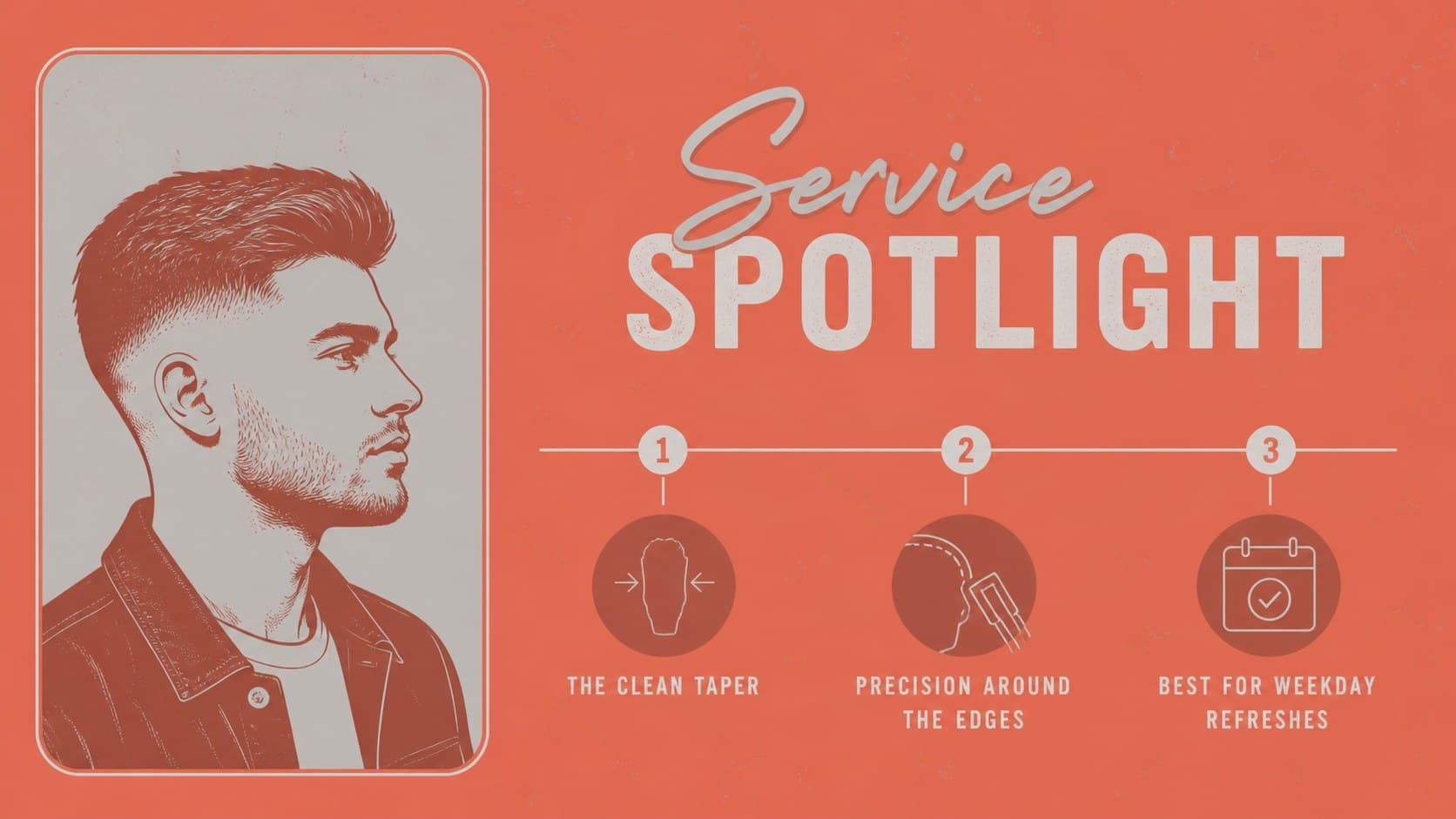 Service showcase slide presenting a modern haircut concept in a monochrome barber marketing deck.