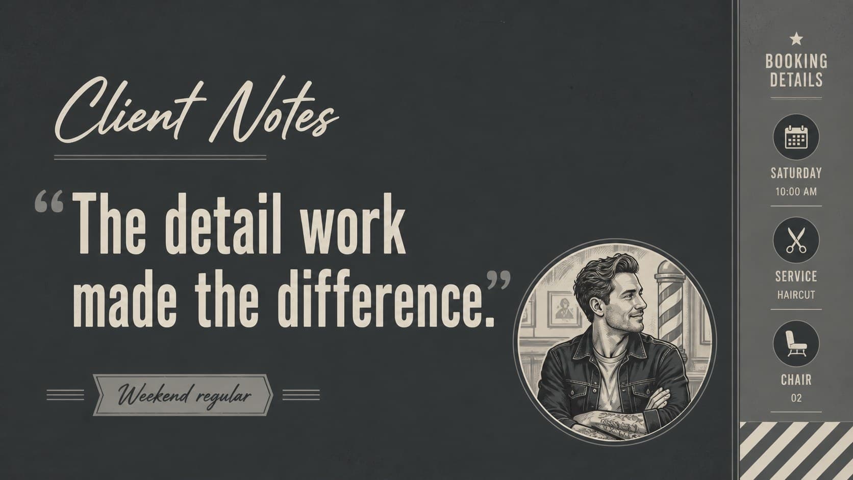 Barber marketing slide with a customer quote and testimonial-focused social content layout.
