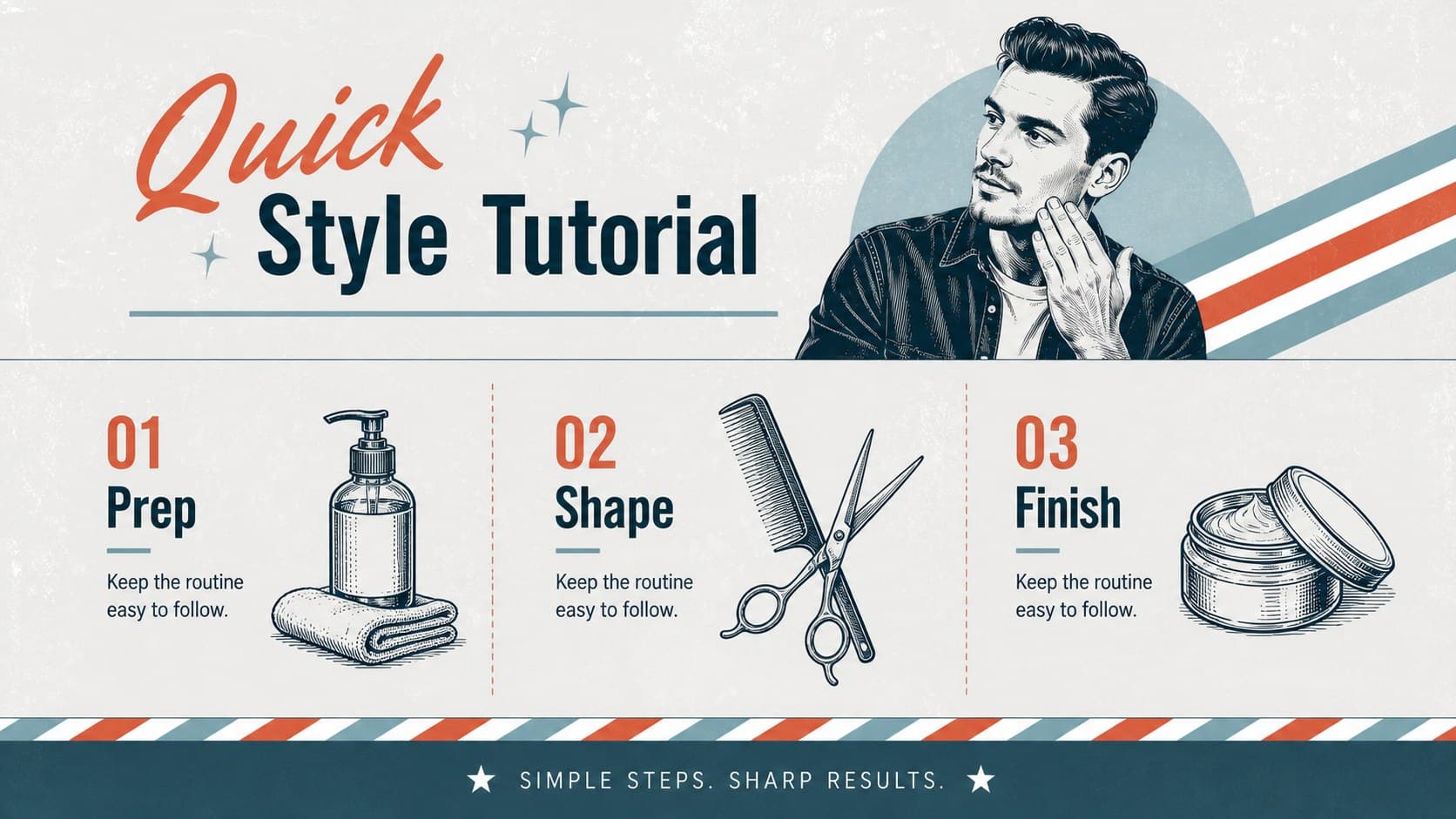 Haircut tutorial slide outlining three steps for educational barber shop social content.