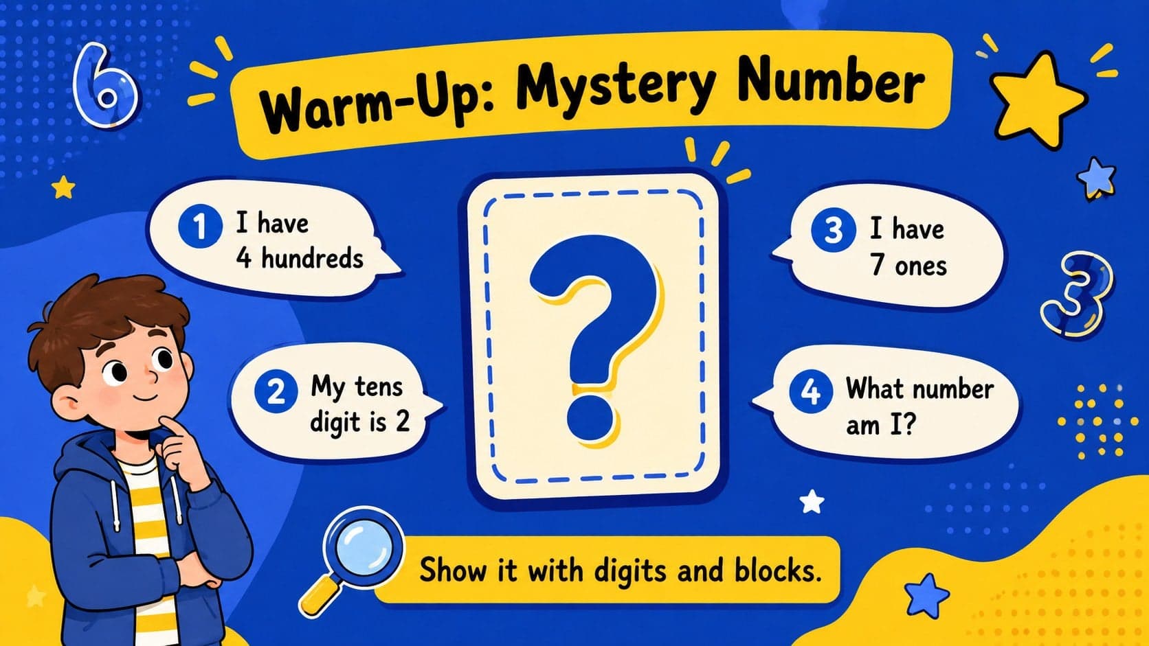 Number sense warm-up slide featuring a mystery number and place value clues for elementary students.