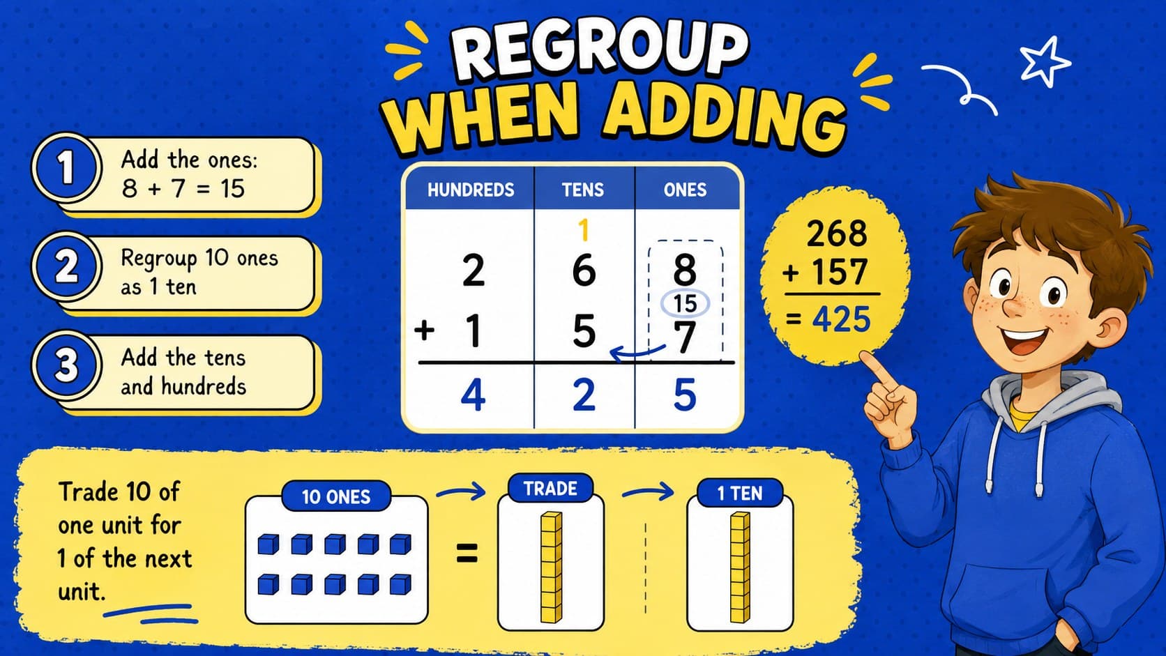 Regrouping addition slide demonstrating how to solve 268 plus 157 using place value.