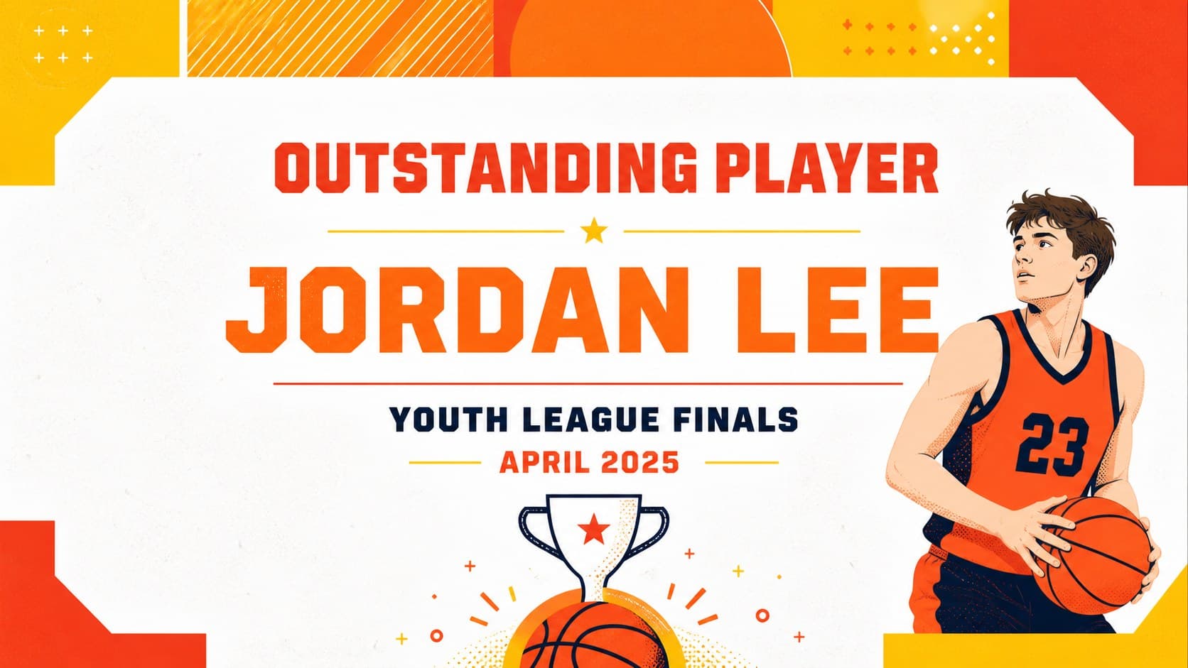 Editable recognition certificate slide for a youth basketball awards night with bold geometric accents.