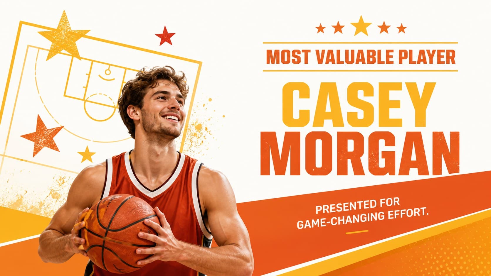 Basketball achievement certificate layout honoring an MVP with colorful court-inspired shapes.