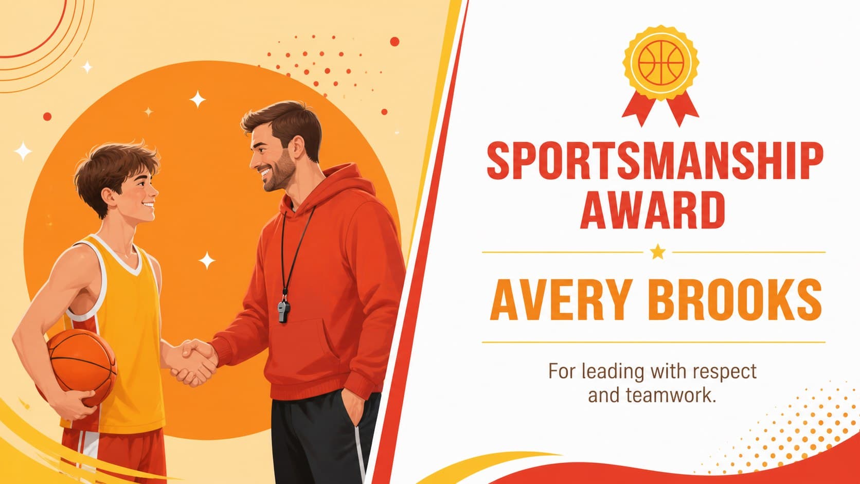 School basketball recognition slide for a sportsmanship award with a clean geometric certificate composition.