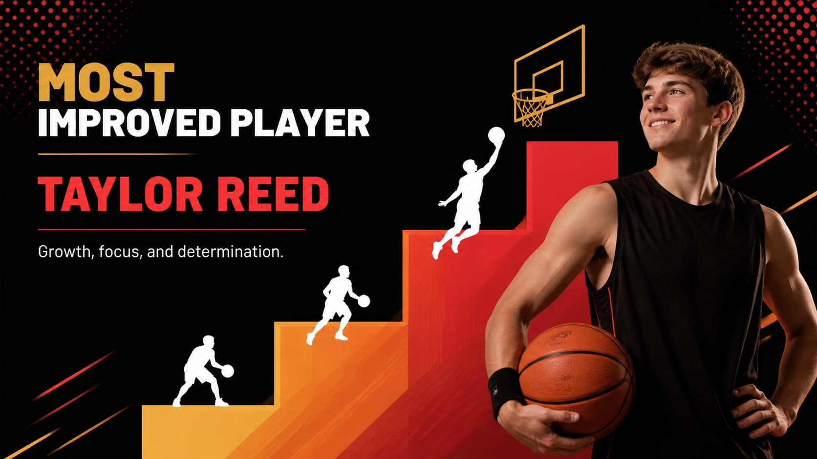 End-of-season basketball awards presentation slide recognizing a most improved player.