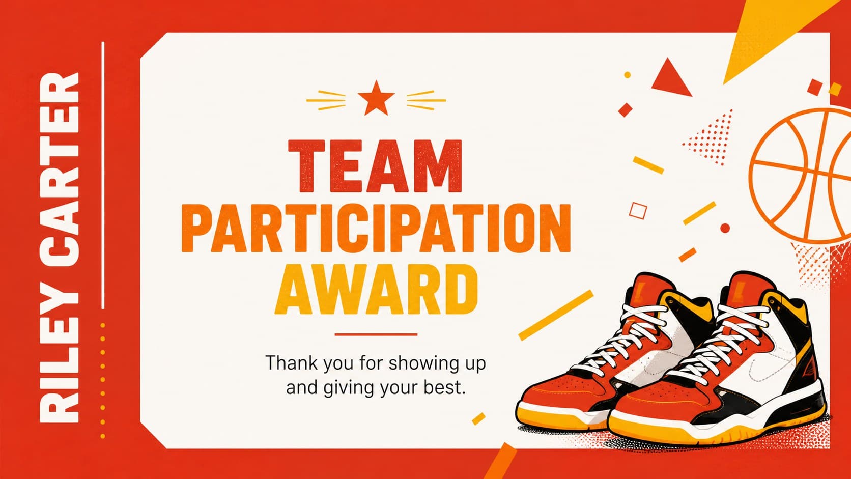 Printable basketball team award template slide for recognizing participation and dedication.