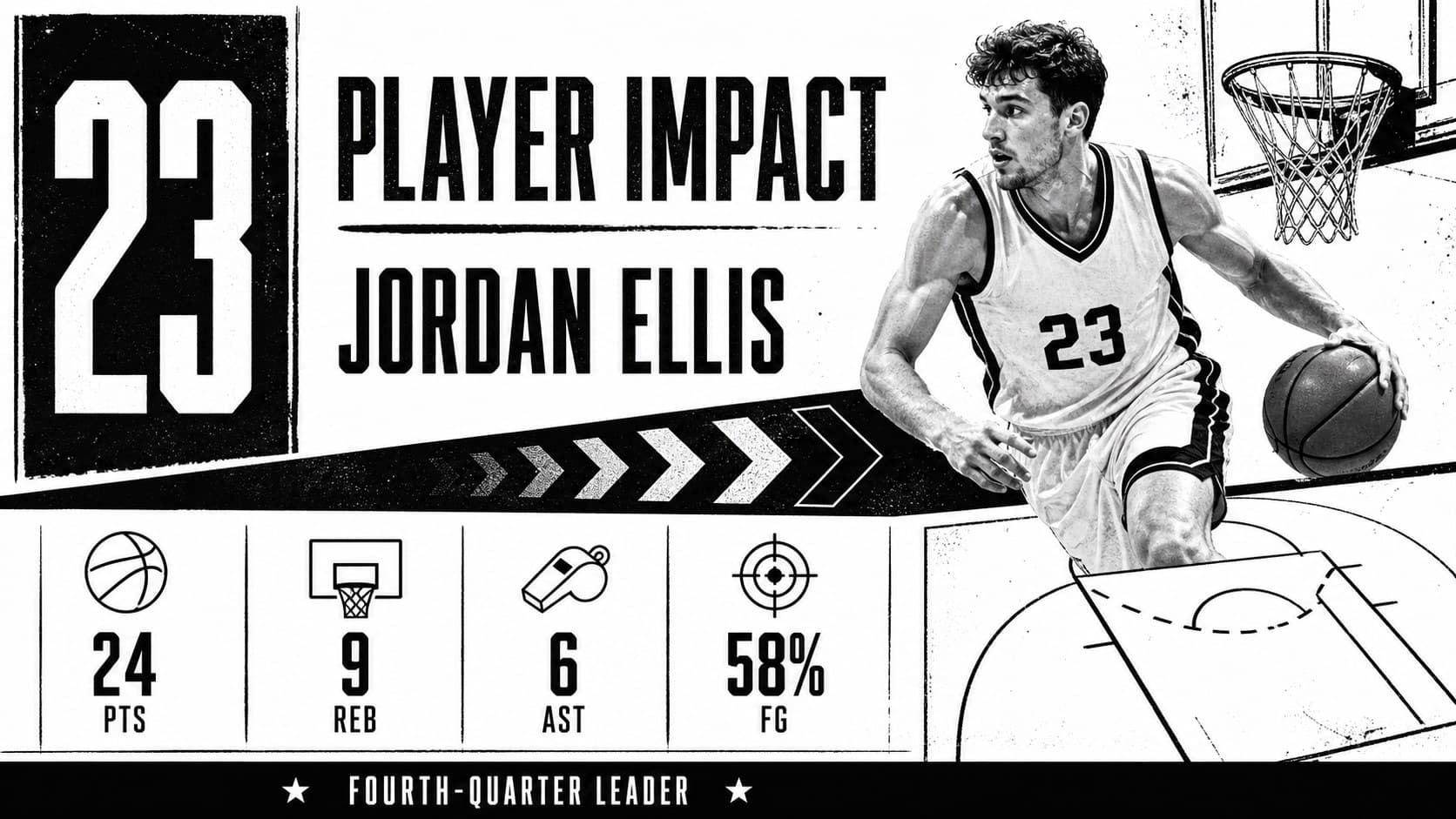 Player performance slide presenting basketball scoring, rebounds, assists, and shooting percentages as editable game data.