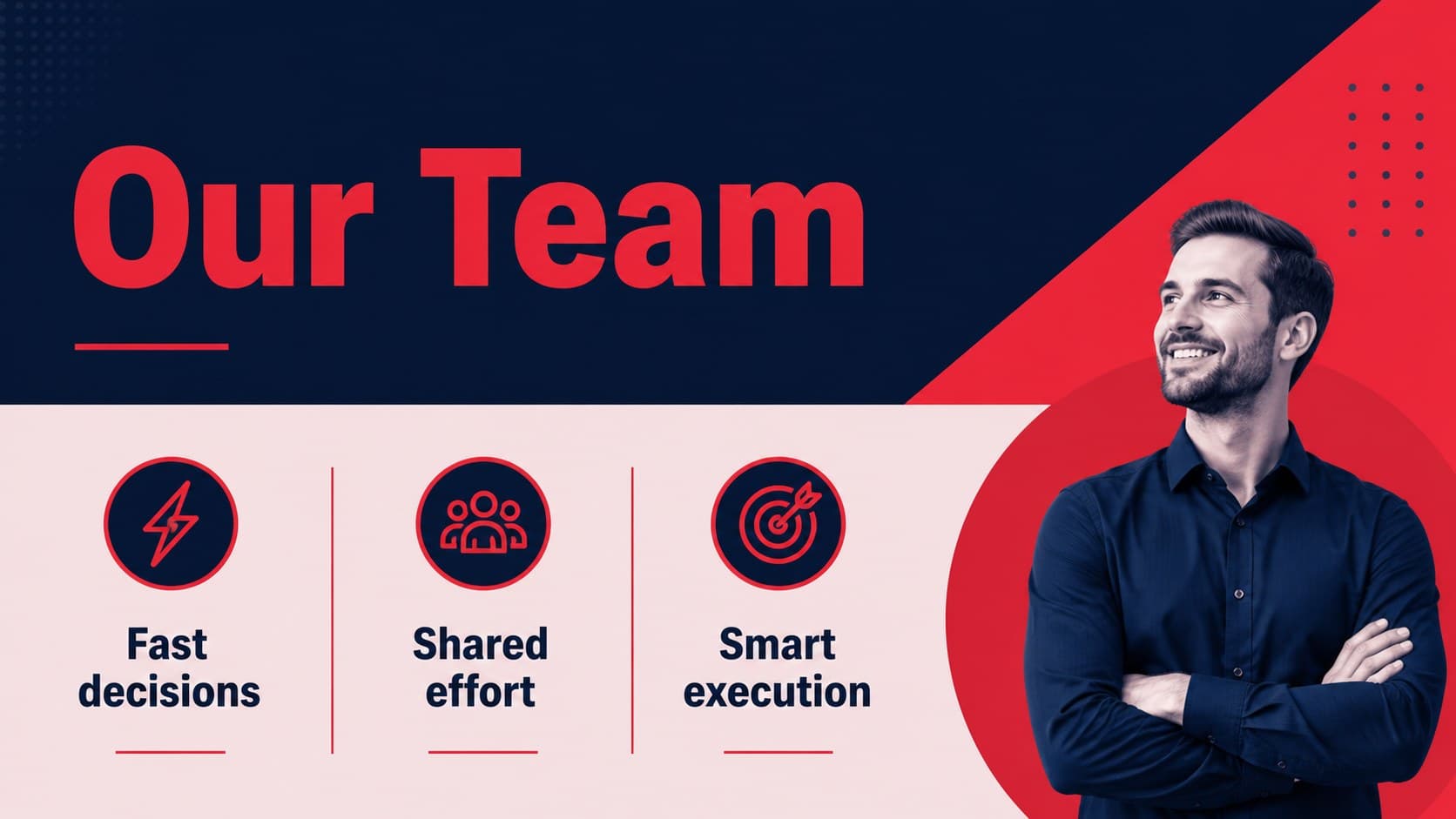 Basketball coaching presentation slide introducing team identity through geometric blue and red visual blocks.