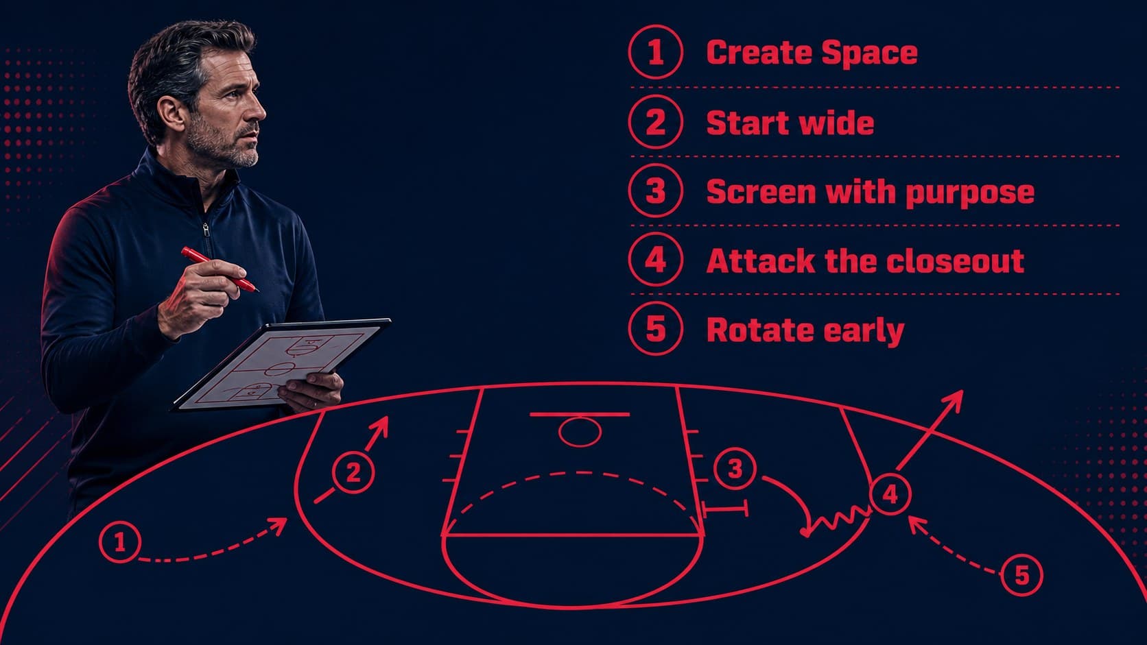 Basketball court positioning slide with a tactical half-court diagram and red geometric movement arrows.