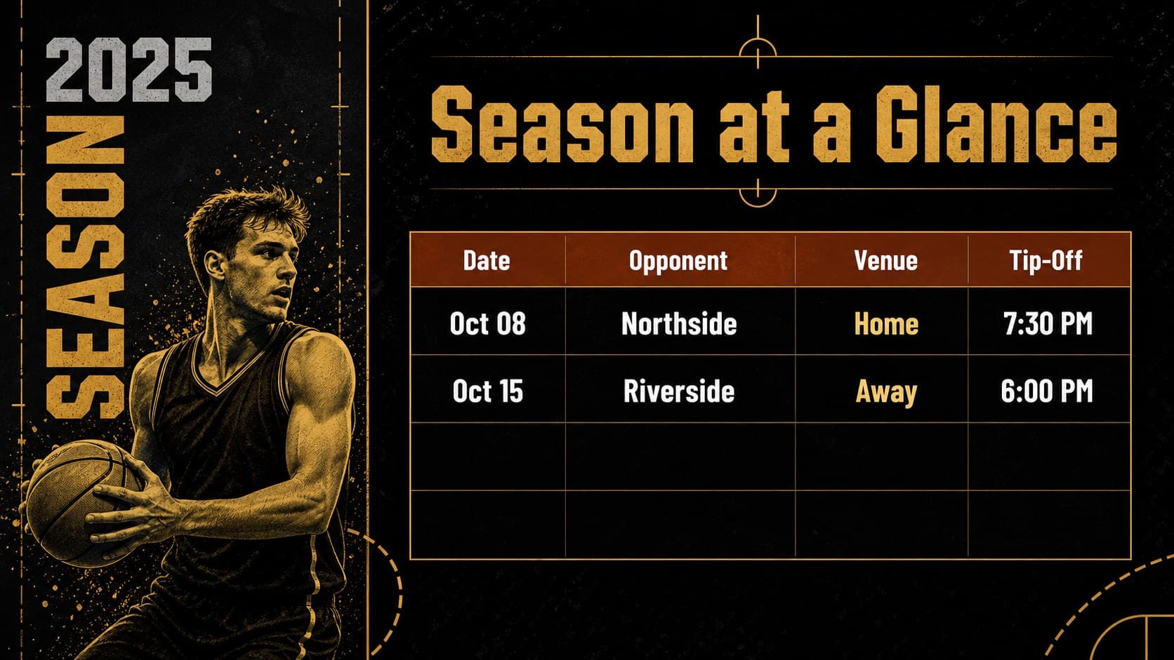 Season overview slide showing basketball fixtures, dates, venues, and tournament milestones in a printable schedule layout.
