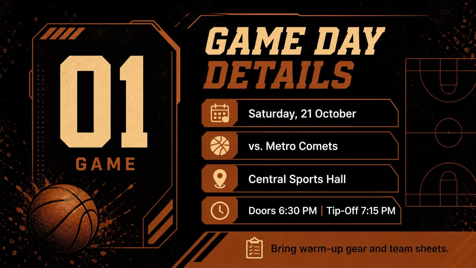 Game-day details slide organizing basketball match information with opponent, location, start time, and preparation notes.