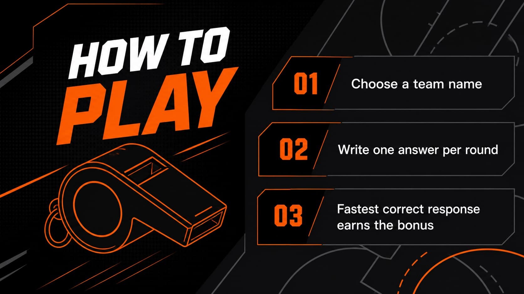 Basketball quiz rules slide with clear team instructions and response timing on a dark geometric background.
