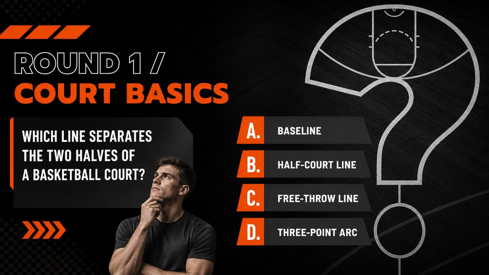 Opening basketball trivia question slide with multiple-choice answers and a prominent geometric question marker.