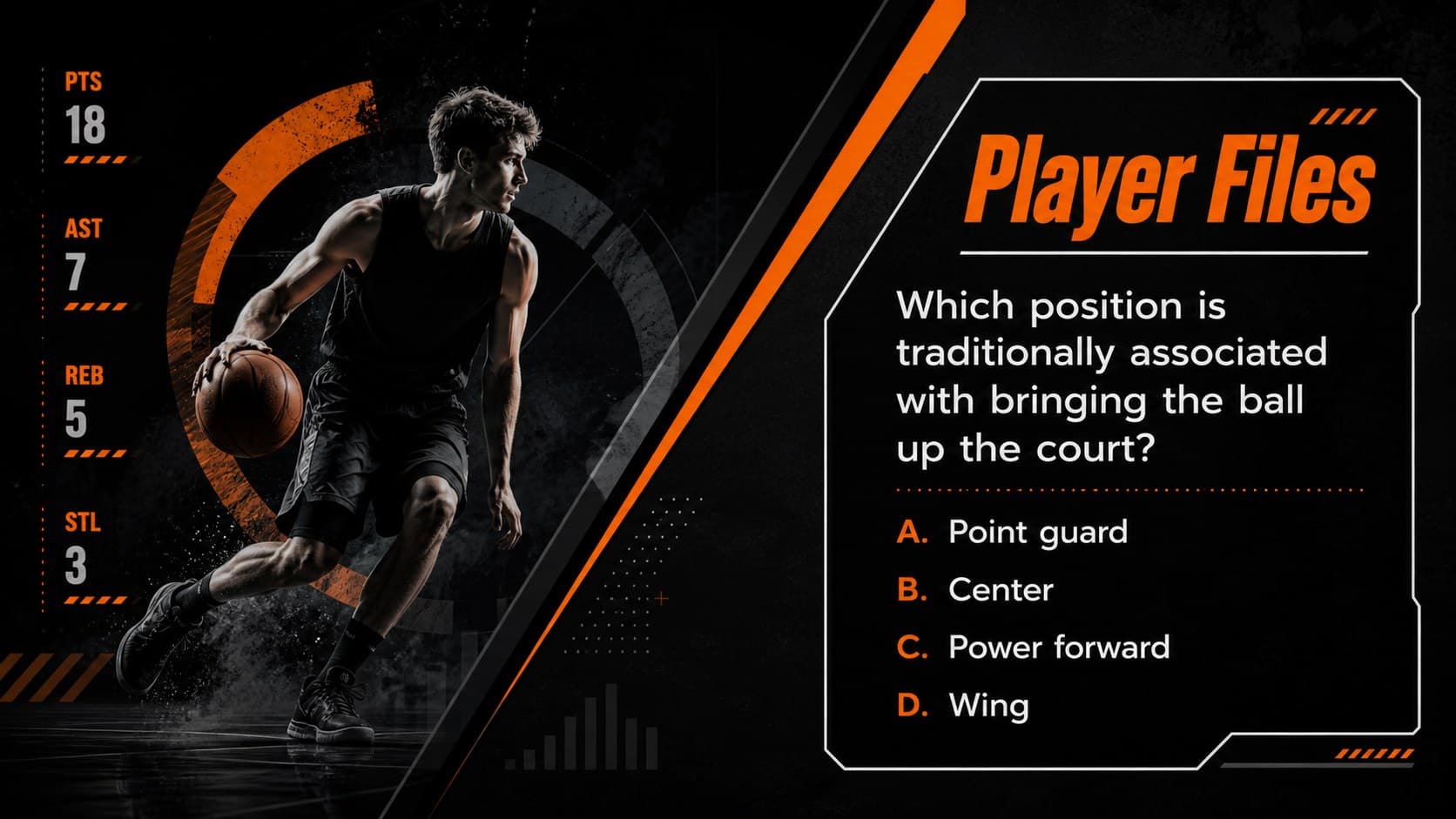 Basketball trivia question card featuring a player-history prompt, answer choices, and black angular accents.
